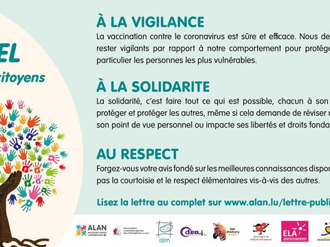 Lettre publique concernant la crise sanitaire - appel à la vigilance, à la solidarité et au respect